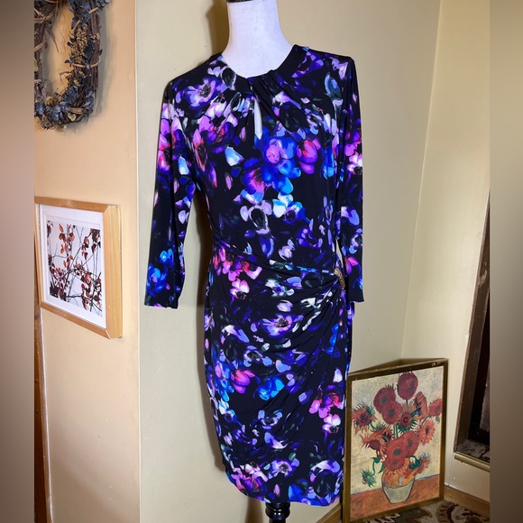 Vintage CACHE Size Large Floral Dress Keyhole Neck Gold Hardware Gathered Wrap - Picture 1 of 15